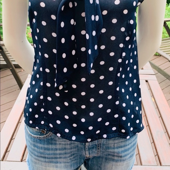 Beautiful Sheer Navy blue & white Polka Dot tank top with low Bow-tie collar - Picture 2 of 8